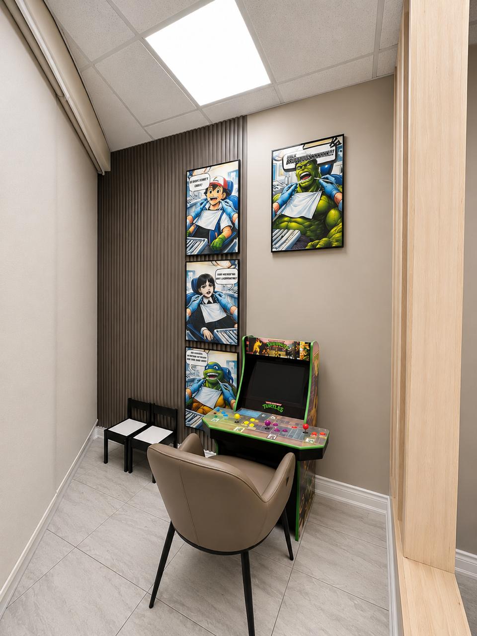 Fenworth Dental kids' play area with arcade and comic posters